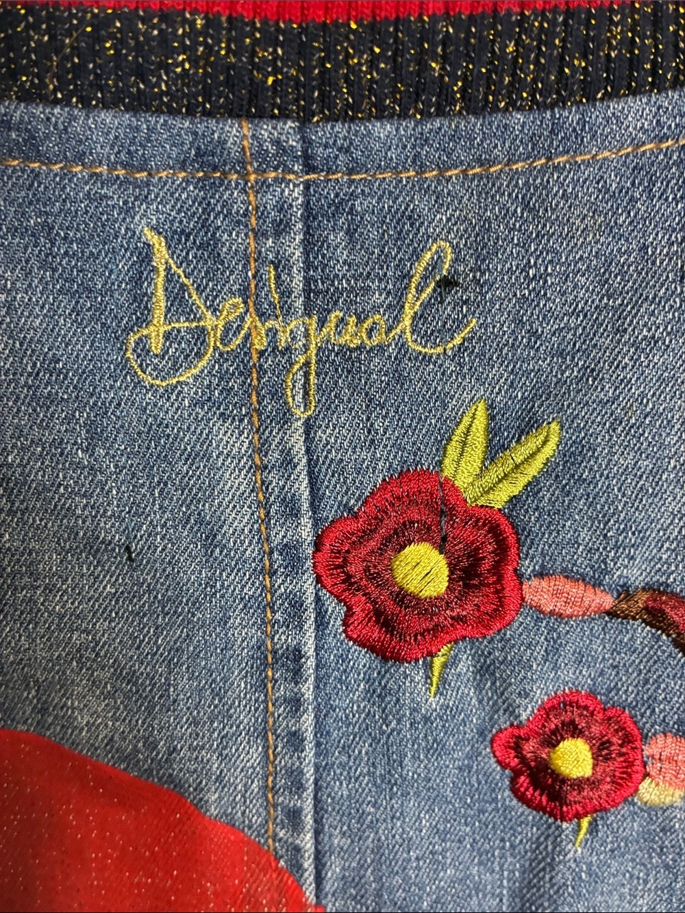 Desigual Embroidered Denim Velvet Bomber Jacket Tiger Birds EU 46 XL - Picture 10 of 16